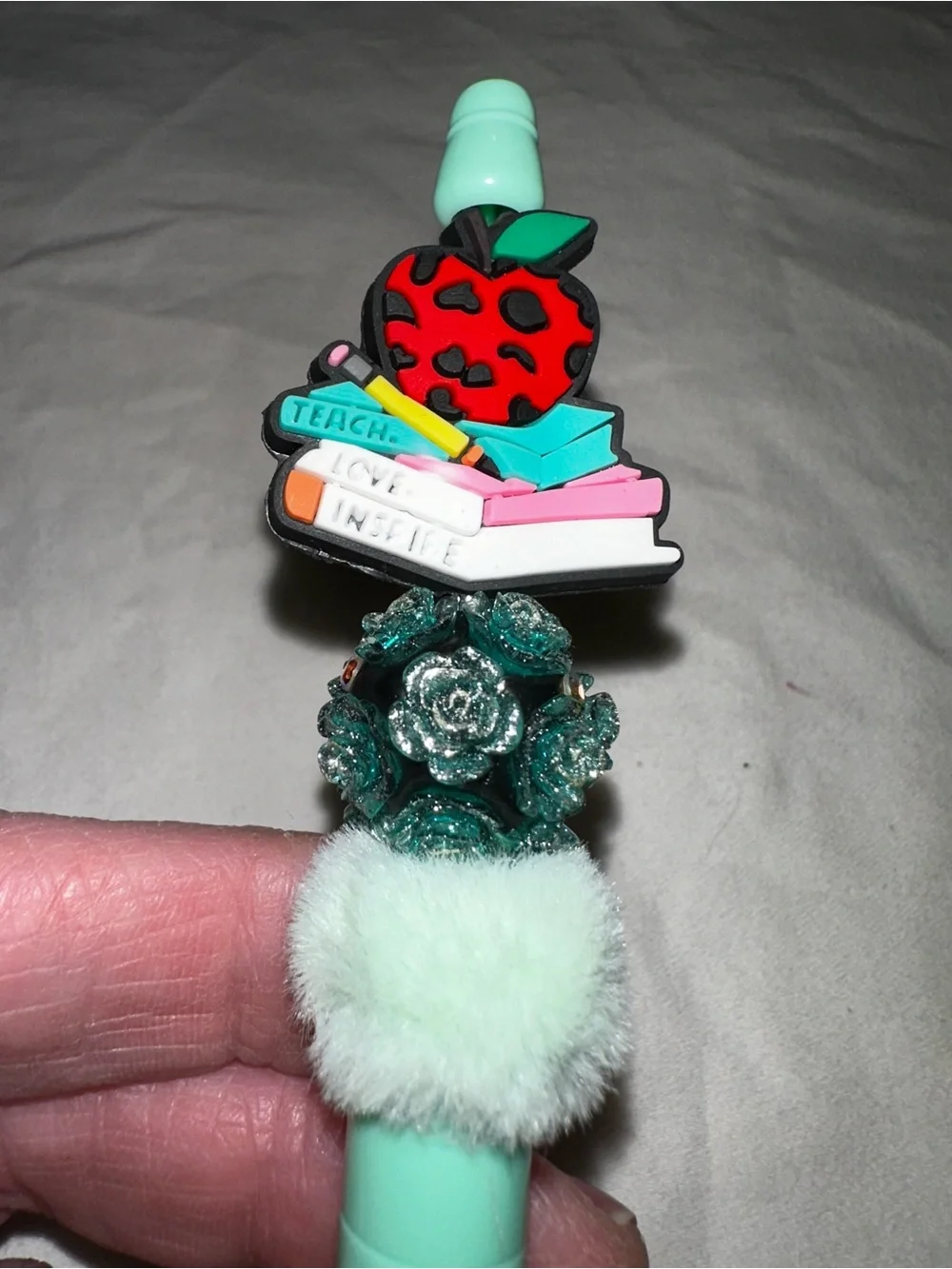 Mint Green Custom Pen with Book & Apple Charm BACK TO SCHOOL